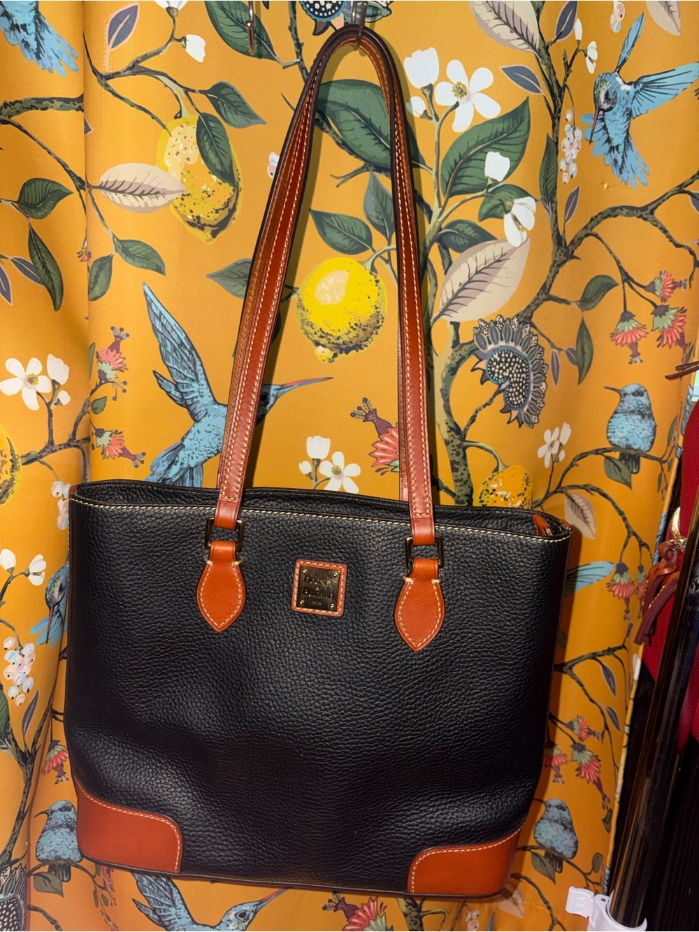Dooney & Bourke Black Brown Pebble Leather Richmond Tote with Brown Trim